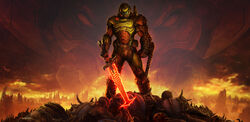  absurdres apocalypse arm_blade armor assault_visor biceps crucible_(doom) demon doom_(series) doom_eternal doomguy dual_wielding energy_sword glowing glowing_sword glowing_weapon green_visor hell helmet highres holding imp_(doom) khan_maykr looking_at_viewer male_focus manly mark_of_the_doom_slayer official_art official_wallpaper photoshop_(medium) pile_of_corpses praetor_suit red_sky ruins shoulder_cannon sky solo_focus space_marine sword weapon zombie 