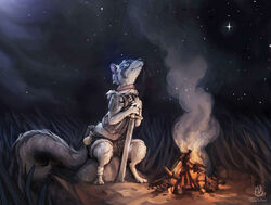  ambiguous_gender anthro armor barefoot biped black_nose campfire clothed clothing detailed_background digital_media_(artwork) domestic_ferret feet fire fluffy fluffy_tail fully_clothed grass hi_res holding_object holding_weapon knight light mammal melee_weapon mustelid musteline naviwavi night outside plant rock scar sitting sky smoke solo star starry_sky sword tail true_musteline warrior weapon weasel whiskers 