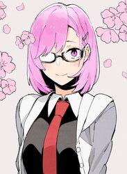  black-framed_eyewear black_shirt blush commentary fate/grand_order fate_(series) female flower glasses grey_background hair_ornament hairclip highres jacket looking_at_viewer mash_kyrielight naosuke_(morioka_shachuu) necktie opaque_glasses pink_eyes pink_flower pink_hair red_necktie semi-rimless_eyewear shirt short_hair simple_background smile solo 