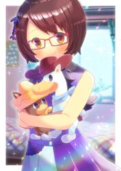  baba_looey bare_arms bare_shoulders bed blurry blurry_background blush border brown_eyes brown_hair character_doll closed_mouth commentary commission curtains day depth_of_field dress female glasses hanna-barbera hugging_doll hugging_object kou_hiyoyo looking_at_viewer original outside_border pleated_dress purple_dress quick_draw_mcgraw red-framed_eyewear skeb_commission sleeveless sleeveless_dress smile solo swept_bangs white_border window 