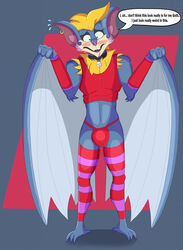  2021 anthro armwear bat bat_wings blush bulge clothing detailed_bulge english_text femboy hi_res jewelry legwear male mammal membrane_(anatomy) membranous_wings necklace rougetenjoname shade_silverwing silverwing_(series) solo stockings talking_to_another talking_to_partner text topwear wings 