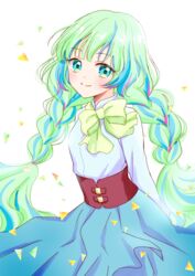  aikatsu!_(series) aikatsu_planet! aqua_eyes aqua_skirt arms_behind_back blue_eyes blue_hair blue_shirt blunt_bangs blush bow bowtie braid closed_mouth collared_shirt commentary_request female green_bow green_bowtie green_hair long_hair long_skirt looking_at_viewer loose_bowtie multicolored_eyes multicolored_hair pink_hair q-pit shirt shirt_tucked_in skirt smile solo streaked_hair tiramisu651 triangle tsukishiro_ayumi twin_braids twintails very_long_hair yellow_eyes 