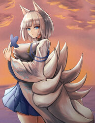  animal_ears azur_lane between_fingers blue_eyes breasts cloud commentary_request cowboy_shot eyeliner female fox_ears fox_girl fox_tail holding japanese_clothes kaga_(azur_lane) large_breasts legs_together long_sleeves makeup moppo multiple_tails ocean open_mouth outdoors shikigami solo tail tassel twilight water white_hair wide_sleeves 