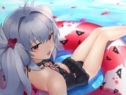  absurdres ahoge black_one-piece_swimsuit bow female grey_hair hair_ornament hand_on_own_stomach heart heart_hair_ornament highres innertube long_hair looking_at_viewer looking_back nail_polish oerba_yun_fang okamen one-piece_swimsuit original petals pink_bow pink_ribbon red_eyes red_nails ribbon sidelocks sitting swim_ring swimsuit twintails water 