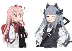  ! 2girls aged_down animal animal_ears assault_rifle backpack bag black_cat blunt_bangs blush bow cat_ears closed_eyes commentary_request cowboy_shot facial_mark fake_animal_ears fake_tail feline girls&#039;_frontline grey_hair gun h&amp;k_hk416 hair_between_eyes hair_ornament hairbow hairclip hexagram highres hk416_(black_kitty&#039;s_gift)_(girls&#039;_frontline) hk416_(girls&#039;_frontline) holding holding_animal holding_cat long_hair long_sleeves multiple_girls negev_(girls&#039;_frontline) negev_(little_drifter)_(girls&#039;_frontline) official_alternate_costume open_mouth pink_hair red_bow red_eyes ribbon rifle shirt simple_background star_of_david surprised tail teardrop weapon white_background white_shirt yuki_hotaru 