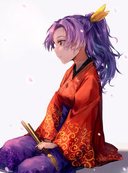  bow breasts commentary_request female folded_fan folding_fan hair_ribbon hairbow hand_fan highres holding holding_fan japanese_clothes jichou_senshi kimono komakusa_sannyo medium_breasts medium_hair ponytail purple_hair purple_skirt red_eyes red_kimono red_robe ribbon robe seiza sitting skirt touhou wavy_hair white_background wide_sleeves yellow_bow yellow_ribbon 