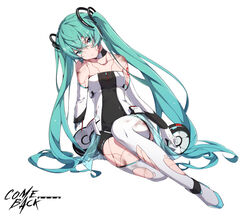  android aqua_eyes aqua_hair broken commentary_request cracked_skin female hair_ornament hatsune_miku hatsune_miku_(vocaloid4)_(chinese) highres long_hair looking_at_viewer oyo_hitsuji photoshop_(medium) simple_background sitting skirt sleeveless solo thighhighs twintails very_long_hair vocaloid white_background 