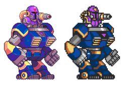  1boy android arm_cannon armor cannon clenched_hands commentary_request comparison derivative_work helmet lowres male_focus mecha mega_man_(series) mega_man_x_(series) omegachaino pixel_art reference_inset robot solo transparent_background vile_(mega_man) weapon 