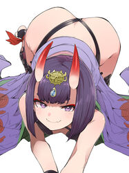  all_fours ass bare_shoulders blush bob_cut closed_mouth eyeliner fangs fangs_out fate/grand_order fate_(series) female goten_(510gensoku) hair_between_eyes headpiece highres horns japanese_clothes kimono looking_at_viewer makeup oni open_clothes open_kimono purple_eyes purple_hair purple_kimono revealing_clothes short_eyebrows short_hair shuten_douji_(fate) skin-covered_horns skin_fangs smile solo 