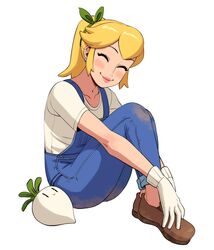  ^_^ awawawaart blonde_hair blue_overalls blush_stickers brown_footwear closed_eyes closed_mouth collarbone commentary dirty dirty_clothes earrings english_commentary facing_viewer female full_body gloves highres jewelry mario_(series) overalls pink_lips ponytail princess_peach shirt shoes short_sleeves sidelocks simple_background sitting smile solo turnip turnip_(mario) white_background white_gloves white_shirt 