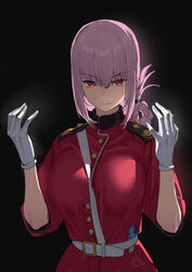  absurdres belt between_breasts black_background braid breasts chaoxi commentary_request crossover epaulettes fate/grand_order fate_(series) female florence_nightingale_(fate) gashat gloves hair_between_eyes highres jacket kamen_rider kamen_rider_brave kamen_rider_ex-aid_(series) large_breasts long_hair long_sleeves looking_at_viewer military_jacket pink_hair red_eyes red_jacket sleeves_rolled_up solo strap_between_breasts upper_body white_belt white_gloves 