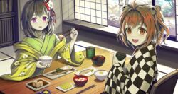  2girls :d ahoge bell black_hair blush bow bowl breakfast brown_eyes brown_hair chair checkered_clothes checkered_kimono chopsticks commentary_request cup fish floral_print flower food green_kimono hair_bell hair_flower hair_intakes hair_ornament hairbow hieda_no_akyuu highres holding holding_bowl holding_chopsticks holding_cup indoors japanese_clothes jchoy jingle_bell kimono long_sleeves looking_at_viewer looking_to_the_side motoori_kosuzu multiple_girls on_chair open_clothes open_mouth purple_eyes red_bow rice rice_bowl sitting smile table teeth touhou touhou_lostword upper_teeth_only white_flower wide_sleeves yunomi 