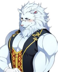  aaassstaro anthro biceps blush clothed clothing felid fur gloves green_eyes hair handwear lifewonders lion male mammal mane mane_hair muscular muscular_anthro muscular_male pantherine pecs pink_nose simple_background snow_(tas) solo tokyo_afterschool_summoners topwear white_background white_body white_fur 