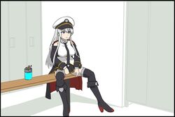  alt_text azur_lane bench black_footwear black_skirt boots coat commentary cup english_commentary enterprise_(azur_lane) female gachimuchi highres leatherclub_scene_(meme) locker locker_room looking_to_the_side mark_wolff meme necktie open_clothes open_coat parallelrey purple_eyes shirt sitting skirt white_hair white_shirt 