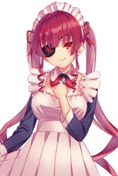  absurdres alternate_costume apron blush breasts eyepatch female highres hololive houshou_marine long_hair looking_at_viewer maid maid_headdress medium_breasts meme_tesshin red_eyes red_hair smile solo twintails virtual_youtuber 