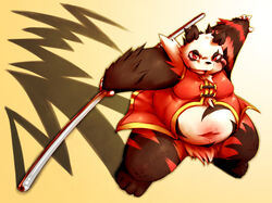  2012 anthro bear belly black_body black_fur chiro_(artist) clothed clothing fanfan fur giant_panda kemono male mammal overweight overweight_anthro overweight_male red_body red_eyes red_fur solo white_body white_fur 