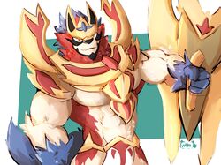  2019 anthro armor biceps blue_body blue_fur crowned_shield_zamazenta fur generation_8_pokemon hi_res holding_object holding_shield legendary_pokemon makowolf1 male mammal multicolored_body multicolored_fur muscular muscular_male nintendo pokemon pokemon_(species) red_body red_fur shield signature unconvincing_armor white_body white_fur zamazenta 