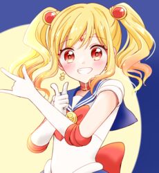  \m/ aikatsu!_(series) aikatsu_stars! back_bow bishoujo_senshi_sailor_moon blonde_hair blue_background blue_sailor_collar bow bowtie choker close-up cosplay crescent crescent_choker crescent_earrings earrings elbow_gloves female finger_gun full_moon gloves gradient_hair grin hairbow headpiece jewelry looking_at_viewer magical_girl moon multicolored_eyes multicolored_hair nijino_yume open_mouth parody pink_hair pointing pose red_bow red_choker red_eyes sailor_collar sailor_moon sailor_moon_(cosplay) sailor_senshi_uniform sidelocks simple_background smile solo star_(symbol) star_earrings teeth tiramisu651 tsuki_ni_kawatte_oshioki_yo twintails upper_body white_gloves yellow_eyes 