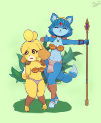  2021 3_toes 4_fingers 5_fingers accessory animal_crossing anthro armor bandeau barefoot bell belly biped blonde_hair blue_body blue_fur blue_hair bodily_fluids bottomwear bra breasts canid canine canis choker cleavage closed_eyes clothed clothing cosplay crossover crossover_cosplay crystal curvy_figure digital_media_(artwork) digitigrade dipstick_tail domestic_dog duo emerald_(gem) eyebrows eyelashes fantharubi feet female fingers floppy_ears fox full-length_portrait fur furgonomics gasp gauntlets gem gesture gloves gold_(metal) grass green_background hair hair_accessory hair_bun hairband hand_gesture handwear headband headpiece hi_res isabelle_(animal_crossing) jewelry krystal&#039;s_staff krystal_(star_fox) leaf leaning legband loincloth mammal markings melee_weapon midriff multicolored_body multicolored_fur multicolored_tail navel necklace nervous nintendo open_mouth outside plant polearm portrait purple_eyes ruby_(gem) shih_tzu short_hair shoulder_pads shrub signature simple_background size_difference skimpy smile staff standing star star_fox sweat tail tail_accessory tail_markings tailband thick_thighs thumbs_up tied_hair toes topwear toy_dog tribal two_tone_body two_tone_fur underwear voluptuous weapon white_body white_fur wide_hips yellow_body yellow_fur 