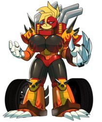  absurd_res anthro armor avian beady_eyes big_breasts breasts car chroma_(famwammer) claws elemental_creature female fruitloop-chan hi_res hot_rod_flames huge_breasts machine mohawk pauldron red_corvette robot smokestack solo spikes vehicle wheel 