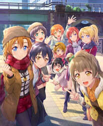  6+girls :d \m/ akihabara_(tokyo) aqua_eyes arm_up artist_name ayase_eli beanie beret black_bow black_footwear black_hair black_pantyhose black_thighhighs blonde_hair blue_coat blue_eyes blue_hair blue_scarf boots bow bridge brown_coat brown_hair brown_headwear clenched_hand coat collared_shirt commentary_request day finger_gun fur-trimmed_coat fur_trim grey_hair group_picture hair_bobbles hair_ornament hair_scrunchie hairbow hairclip hand_up hat highres hoshizora_rin jewelry knee_boots koizumi_hanayo kosaka_honoka long_hair long_sleeves looking_at_viewer love_live! love_live!_school_idol_project minami_kotori multiple_girls nishikino_maki one_side_up open_mouth orange_eyes orange_hair outdoors pantyhose pantyhose_under_shorts pendant pink_coat pink_scarf ponytail purple_coat purple_eyes purple_hair real_world_location red_bow red_coat red_eyes red_hair red_scarf red_shorts scarf scrunchie shamakho shirt short_hair shorts smile sonoda_umi standing striped_clothes striped_scarf striped_shirt thighhighs tojo_nozomi tripping twintails v v-shaped_eyebrows waving white_scarf white_scrunchie winter_clothes yazawa_nico yellow_coat 