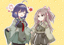  2girls absurdres ahoge brown_eyes green_hakama grey_shorts hachimaki hair_flaps hairband hakama hakama_short_skirt hakama_shorts hakama_skirt headband high_ponytail highres japanese_clothes kantai_collection light_brown_hair long_hair low_twintails multiple_girls muneate nami_nami_(belphegor-5812) purple_hair ryuuhou_(kancolle) ryuuhou_kai_ni_(kancolle) shorts skirt taigei_(kancolle) twintails wide_sleeves yuri zuihou_(kancolle) zuihou_kai_ni_(kancolle) 