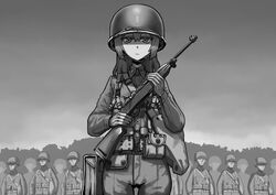  6+boys ammunition battle_rifle combat_helmet erica_(naze1940) female gloves greyscale gun helmet long_hair m1_carbine m1_helmet military military_uniform monochrome multiple_boys original paratrooper rifle sky soldier solo_focus uniform weapon world_war_ii 