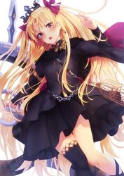  arm_at_side asymmetrical_legwear black_dress black_nails black_thighhighs blonde_hair blush bow breasts brown_eyes cage commentary dress earrings ereshkigal_(fate) ereshkigal_(third_ascension)_(fate) fate/grand_order fate_(series) female floating_hair funyariko gold gold_trim hair_intakes hairbow hand_up highres holding holding_weapon jewelry knees_together_feet_apart layered_sleeves long_hair long_sleeves looking_at_viewer meslamtaea_(weapon) nail_polish open_mouth outstretched_arm red_bow simple_background single_thighhigh skull_ornament small_breasts solo teeth thighhighs tiara two-sided_fabric two_side_up upper_teeth_only very_long_hair weapon white_background 