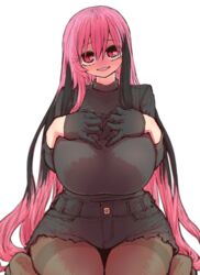  alternate_hairstyle bat_wings black_hair black_wings breasts commentary_request female hair_down hands_on_own_chest head_wings highres huge_breasts kneeling light_blush long_hair looking_at_viewer low_wings multicolored_hair multiple_wings official_alternate_hairstyle pantyhose pink_hair pointy_ears shorts sidelocks slit_pupils smile solo sumire_(yakunitatsu_node_chi_o_kudasai) thighband_pantyhose two-tone_hair vampire very_long_hair white_background wings yakunitatsu_node_chi_o_kudasai zyugoya 