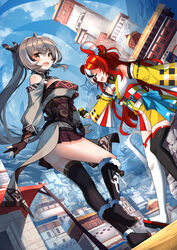  2girls absurdres against_rock ahoge animal_ears ass asymmetrical_legwear bare_shoulders boots breasts brown_eyes brown_hair cityscape cleavage closed_eyes feathers from_below fur-trimmed_leg_warmers fur_trim gloves hakos_baelz hakos_baelz_(new_year) highres hololive hololive_english japanese_clothes kimono knee_boots long_hair looking_at_viewer looking_back medium_breasts mismatched_legwear mouse_ears multicolored_hair multiple_girls nanashi_mumei open_mouth partially_fingerless_gloves ponytail red_hair sandals sash short_kimono skychengsart smile streaked_hair thighhighs virtual_youtuber zettai_ryouiki 