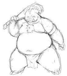  2014 anthro belly bottomwear chiro_(artist) clothing kemono loincloth male mammal monochrome moobs overweight overweight_anthro overweight_male simple_background solo suid suina sus_(pig) weapon white_background wild_boar 