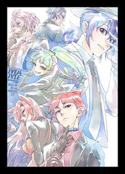  1other 2girls 3boys animal_ears asmodeus_alice azazel_ameri black_gloves black_necktie black_suit blue_eyes blue_hair cat_ears cigarette demon_horns earrings formal gloves green_eyes green_hair green_shirt grin highres horns jewelry looking_at_viewer mafia mairimashita!_iruma-kun mamenoki1568 mask multiple_boys multiple_girls naberius_kalego necktie opera_(iruma-kun) pink_hair pointy_ears ponytail red_eyes red_hair red_shirt sharp_teeth shirt smile suit suzuki_iruma teeth valac_clara white_suit 