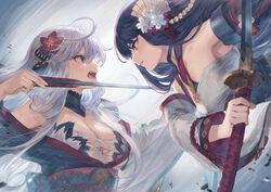  2girls japanese_clothes long_hair mashu_003 oerba_yun_fang purple_eyes sword tagme_(character) weapon white_hair 