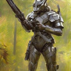  ai_generated ambiguous_gender anthro armor canid canine canis forest holding_object holding_weapon mammal plant sidearm solo tree weapon wolf 