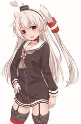  amatsukaze_(kancolle) brown_dress brown_eyes cowboy_shot dress female garter_straps gloves grey_hair grey_neckerchief hair_tubes hat highres kantai_collection lifebuoy_ornament long_hair mini_hat neckerchief red_thighhighs sailor_dress short_dress single_glove solo striped_clothes striped_thighhighs thighhighs two_side_up white_gloves yoriha_yashiro 