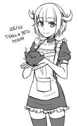  animal apron bird character_name chinese_commentary choker closed_mouth collarbone commentary_request dated dress female frilled_choker frilled_dress frills girls&#039;_frontline greyscale highres holding holding_animal looking_at_viewer m1897_(girls&#039;_frontline) monochrome ndtwofives puffy_short_sleeves puffy_sleeves short_hair short_sleeves sidelocks simple_background smile solo thighhighs two_side_up white_background 