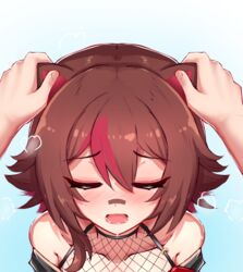  animal_ears aroused bad_id bad_pixiv_id bandaid bandaid_on_face bandaid_on_nose bare_shoulders black_shirt blue_background breath brown_hair closed_eyes collarbone drooling ear_fondling female fishnet_top fishnets frown grabbing_another&#039;s_ear gradient_background hair_between_eyes hair_flaps hand_on_another&#039;s_ear heavy_breathing highres medium_hair multicolored_hair off-shoulder_shirt off_shoulder owozu pov pov_hands raccoon_ears raccoon_girl rakkun_sutaru saliva shirt sidelocks slash-ex streaked_hair two-tone_hair u_u virtual_youtuber 