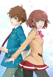  1boy back-to-back bad_id bad_pixiv_id blue_eyes braid brown_hair female green_eyes hair_ornament hairclip kakumeiki_valvrave light_particles necktie pantyhose peperonchiino_takuma ribbon sashinami_shouko school_uniform short_hair skirt tokishima_haruto 