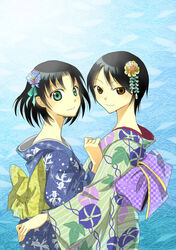  2girls aqua_eyes bad_id bad_pixiv_id black_eyes black_hair hair_ornament japanese_clothes kimono maruuchi_shouko multiple_girls nekozuki_yuki nezu_miko sayonara_zetsubou_sensei short_hair smile upper_body 