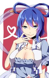  bad_id bad_pixiv_id blue_eyes blue_hair breasts cleavage dress female finger_to_mouth hair_ornament hair_rings hair_stick heart kaku_seiga large_breasts solo touhou vest yarawi 