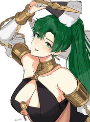  absurdres breasts commentary cosplay english_commentary female fire_emblem fire_emblem:_the_blazing_blade fire_emblem_awakening fire_emblem_heroes green_eyes green_hair hair_ornament high_ponytail highres jewelry long_hair looking_at_viewer lyn_(fire_emblem) midriff olivia_(fire_emblem) olivia_(fire_emblem)_(cosplay) olivia_(performing_arts)_(fire_emblem) ormille ponytail smile solo 