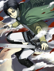  1boy black_eyes black_hair boots cape commentary_request curtained_hair dual_wielding emblem holding jacket levi_(shingeki_no_kyojin) male_focus paradis_military_uniform shingeki_no_kyojin shiromi_(ringo) solo survey_corps_(emblem) sword thigh_strap three-dimensional_maneuver_gear weapon 