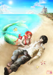  1boy ariel ariel_(disney) breasts couple disney female flounder long_hair lying mermaid monster_girl ocean pixiv prince prince_eric red_hair sand the_little_mermaid topless yamkom 