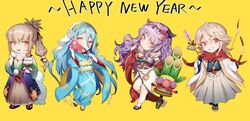  2018 2boys 2girls azura_(fire_emblem) azura_(new_year)_(fire_emblem) bamboo bow_(weapon) camilla_(fire_emblem) camilla_(new_year)_(fire_emblem) cape chibi chinese_commentary commentary_request corrin_(fire_emblem) corrin_(male)_(fire_emblem) corrin_(male)_(new_year)_(fire_emblem) fire_emblem fire_emblem_fates fire_emblem_heroes food hairband japanese_clothes kimono long_hair looking_at_viewer mochi multiple_boys multiple_girls new_year obi pointy_ears ponytail sash simple_background smile takumi_(fire_emblem) takumi_(new_year)_(fire_emblem) wagashi weapon white_background white_hair zuizi 