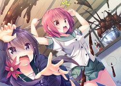  2girls :o ^^^ akebono_(kancolle) arms_up bad_food bell bottle cardigan chocolate clenched_hands collarbone commentary_request flower food hair_bell hair_flower hair_ornament hot_sauce jewelry jingle_bell kantai_collection kinu_(kancolle) long_hair masaki_kei multiple_girls open_mouth pleated_skirt purple_eyes purple_hair red_eyes red_hair ring scared school_uniform serafuku short_hair side_ponytail skirt spatula tabasco v-shaped_eyebrows very_long_hair wedding_ring 