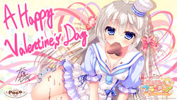  animal blonde_hair blue_eyes blush bow cat_smile chocolate feline hat heart logo nekodomari_makoto rokudou_itsuki seifuku signed valentine wan_nyan_a_la_mode! 