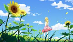  artist_name blonde_hair bug cloud commentary_request day female flower from_behind ladybug long_hair miyazono_kawori outdoors petals photoshop_(medium) ponytail sanaa scenery shigatsu_wa_kimi_no_uso solo summer sunflower violin_case 