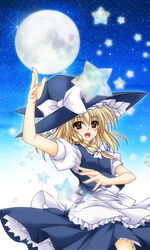  :d aoi_hiro blonde_hair bow braid brown_eyes commentary_request female full_moon hair_ribbon hairbow hat kirisame_marisa long_hair moon open_mouth photoshop_(medium) ribbon single_braid smile solo touhou witch_hat 