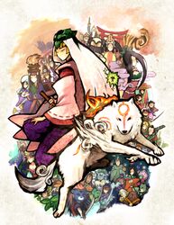  6+boys 6+girls amaterasu_(ookami) bad_id bad_pixiv_id beard canine character_request chun everyone facial_hair flower hakama hakama_skirt himiko_(ookami) issun japanese_clothes kaguya_(ookami) lika mask mr_orange multiple_boys multiple_girls ofuda okami onigiri_sensei orime_(kau) otohime princess_fuse purple_hakama sakuya_(ookami) sazanka_(ookami) skirt susanoo_(ookami) sword tattoo tsubaki_(ookami) tsuzurao ushiwakamaru_(ookami) weapon wolf 