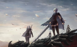  4girls bigsnaker cape clare_(claymore) claymore_(series) commentary_request deneve garter_straps helen_(claymore) leather_skirt long_hair miria_(claymore) multiple_girls photoshop_(medium) short_hair sword thighhighs weapon white_hair 